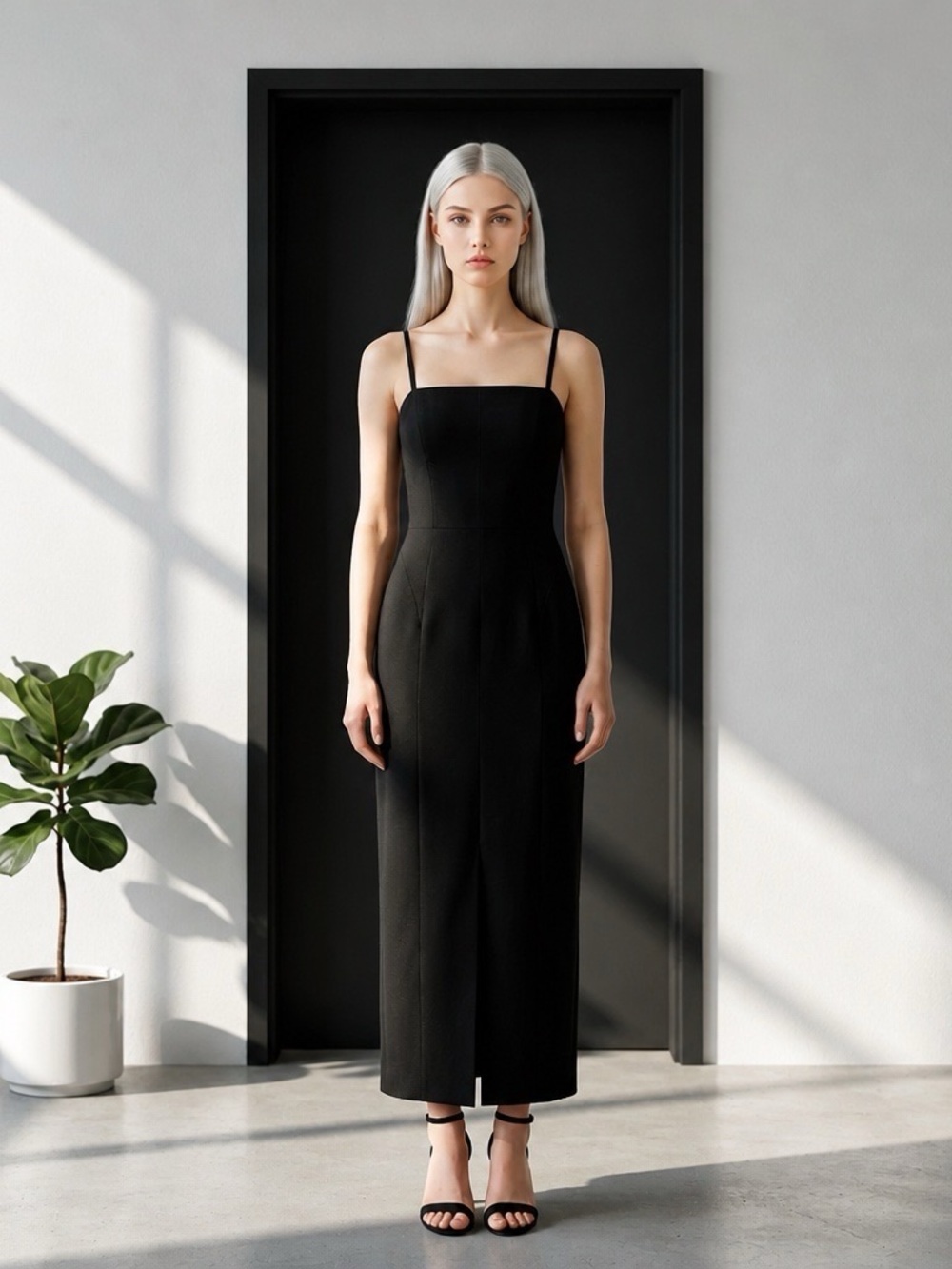 WAYF Black Spaghetti Strap Midi Dress Size Medium Slit Hem Minimalist